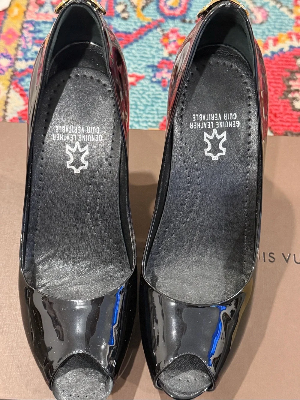 Louis Vuitton Black Patent Peep open Toe Pumps with Gold Accent